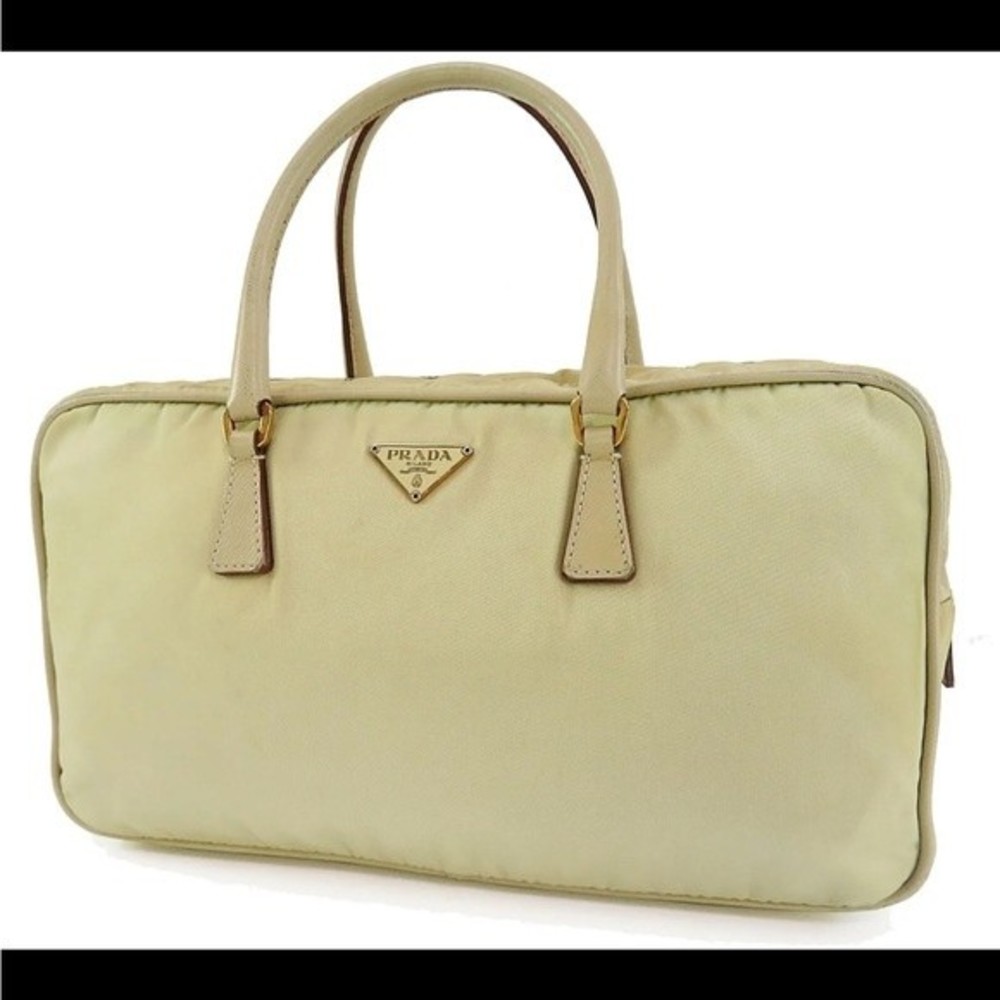 Authentic PRADA Beige Nylon and Beige Leather Tote Hand Bag Purse #490q100